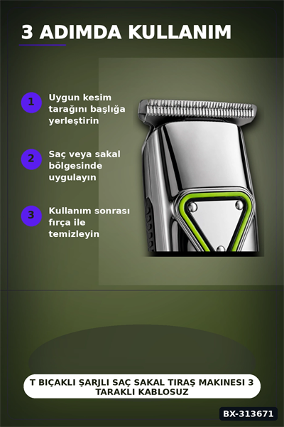 T Bıçaklı Şarjlı Saç Sakal Tıraş Makinesi 3 Taraklı Kablosuz Erkek Bakım Seti BX-313671