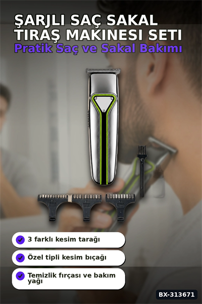 T Bıçaklı Şarjlı Saç Sakal Tıraş Makinesi 3 Taraklı Kablosuz Erkek Bakım Seti BX-313671