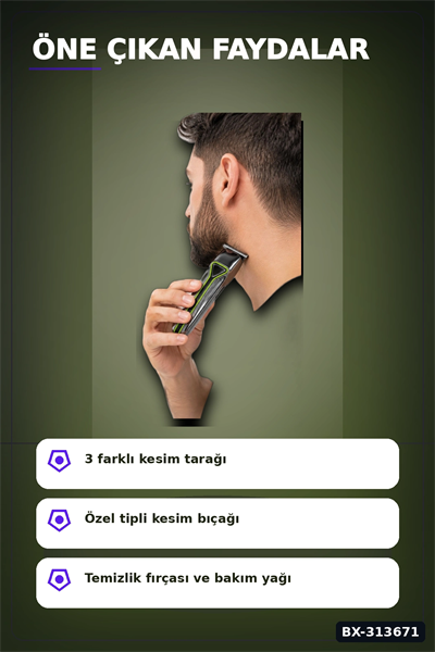 T Bıçaklı Şarjlı Saç Sakal Tıraş Makinesi 3 Taraklı Kablosuz Erkek Bakım Seti BX-313671