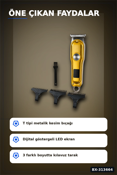 T Tipi Bıçaklı Kablolu Kablosuz Saç Sakal Kesme Makinesi 1 2 3 mm Tarak LED Ekran Turbo BX-313664