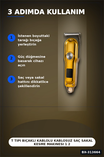 T Tipi Bıçaklı Kablolu Kablosuz Saç Sakal Kesme Makinesi 1 2 3 mm Tarak LED Ekran Turbo BX-313664