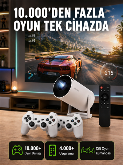 TÇift Kollu Tasarımlı Kablosuz Projeksiyon – 4K, 10.000 Oyun ve Smart App Desteği Yeni Nesil