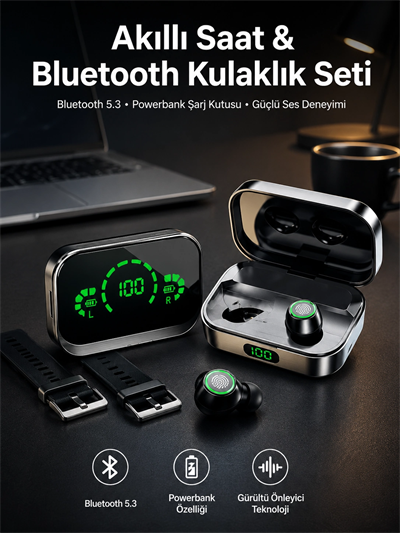 TWS Bluetooth Kulaklık ve Akıllı Saat Uyku Takibi Nabız Ölçer Uzun Pil Ömrü
