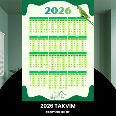 Takvim 2026 Premium A3 300 Gr Dijital Baskı Yeşil-beyaz