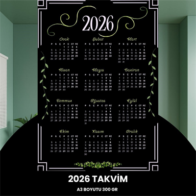 Takvim 2026 Premium A3 300 Gr Dijital Baskı Siyah Yeşil