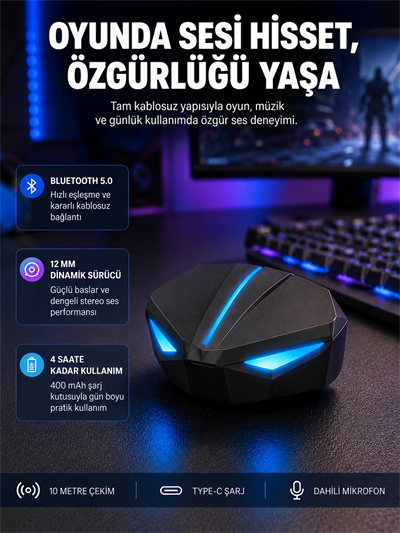 Tam Kablosuz Oyuncu Kulaklığı 5.0 Bluetooth LED Kontrollü Yeni Nesil