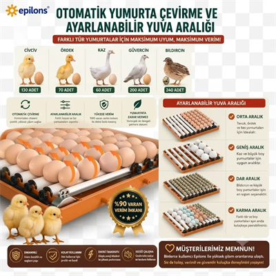 Tam Otomatik Kuluçka Makinesi 130 Yumurta Kapasiteli | Akıllı Isı ve Nem Kontrolü | Otomatik Yumurta Çevirme | Otomatik Su Sistemi | Ayarlanabilir Viyol