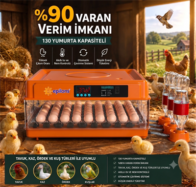 Tam Otomatik Kuluçka Makinesi 130 Yumurta Kapasiteli - Akıllı Isı ve Nem Kontrollü, Ayarlanabilir Viyol, Otomatik Su Sistemli