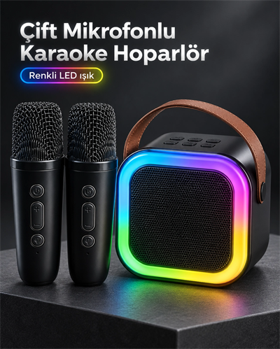 Taşıma Askılı Siyah LED Işıklı Bluetooth Hoparlör Çift Mikrofonlu Karaoke Seti