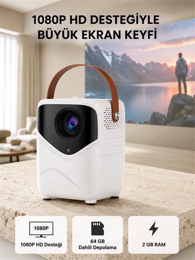 Taşınabilir Akıllı 1080P Projektör – 64GB Hafıza, 2GB RAM, Full HD Görüntü, Kumandalı Yeni Nesil