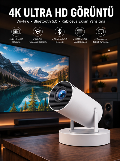 Taşınabilir Android Projeksiyon Ayaklı Çift Kollu 4K Çözünürlüklü Sinema Projeksiyonu