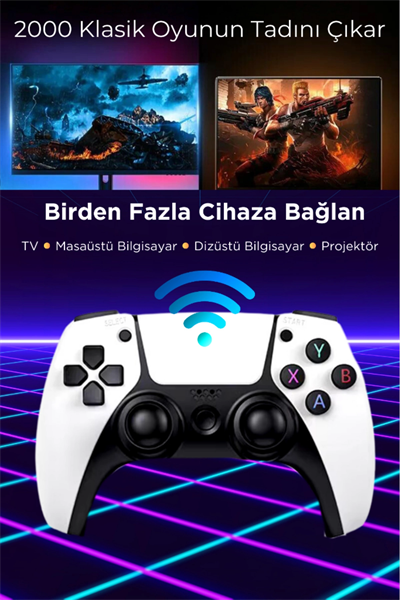 Taşınabilir Çift Kollu 30.000 Oyunlu Kablosuz Oyun Konsolu, 2.4GHz Bağlantılı Beyaz Retro Gamepad