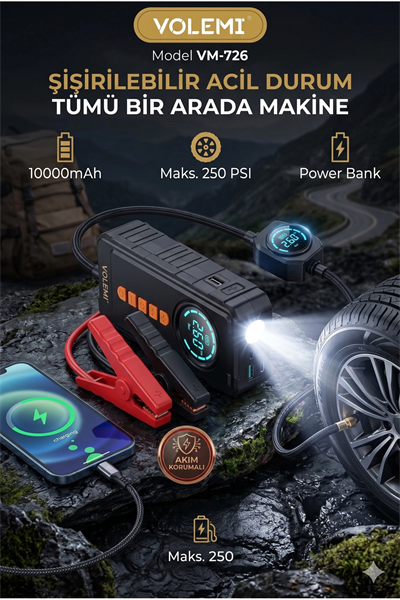 Taşınabilir Dijital Hava Kompresörü ve Powerbank, Tek Kişilik Kullanım İçin 100 Watt Güç