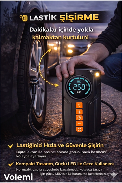 Taşınabilir Dijital Hava Kompresörü ve Powerbank, Tek Kişilik Kullanım İçin 100 Watt Güç
