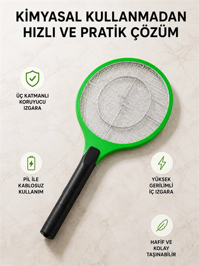 Taşınabilir Elektronik Sineklik – Üç Katmanlı Güvenli Izgara ve Kimyasız Koruma