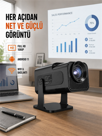 Taşınabilir Full HD Projektör - 1 GB RAM, 8 GB Hafıza Yeni Nesil