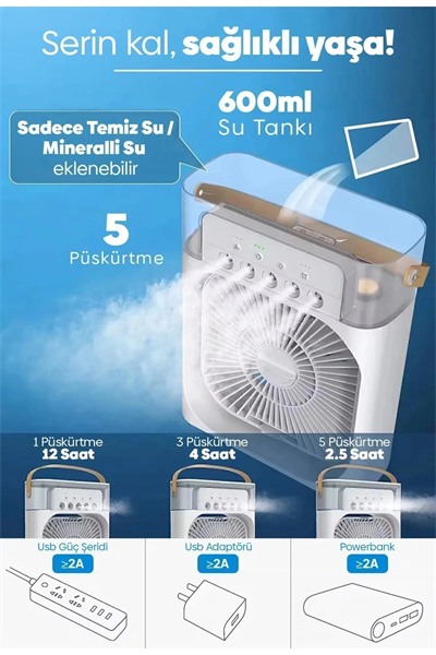 Taşınabilir Işıklı 5 Spreyli Vantilatör Buzlu Buharlı Vantilatör Mini Fan Nemlendirici