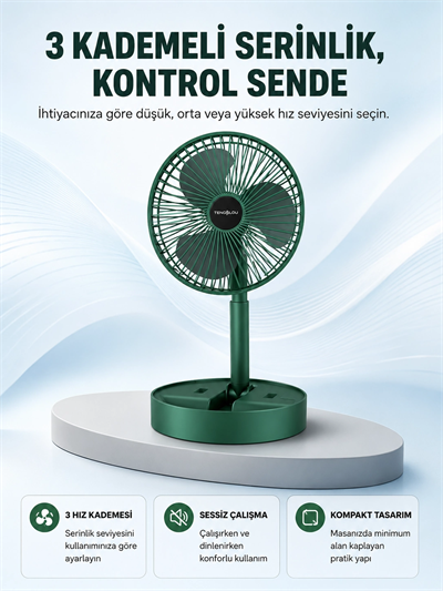 Taşınabilir Katlanabilir Mini Fan 3 Kademeli Şarj Edilebilir