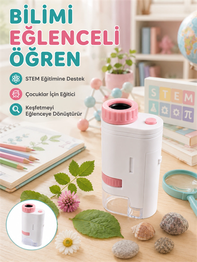 Taşınabilir LED Mikroskop 80X-200X Büyütmeli Çocuklar İçin Eğitici Bilim Mikroskobu