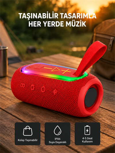 Taşınabilir Mini Bluetooth Hoparlör Güçlü Ses ve Şık Kırmızı Tasarım