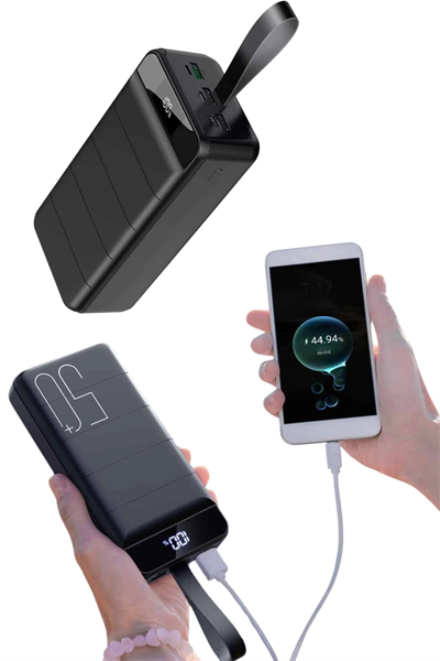 Taşınabilir Powerbank 50.000 mAh 4 Girişli Hızlı Şarj Led Göstergeli Fenerli Şarj