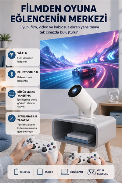 Taşınabilir Projeksiyon Cihazı 4K Destekli Wi-Fi Kablosuz Ekran Yansıtma