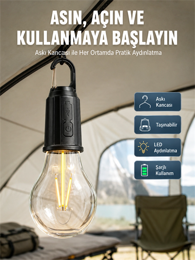 Taşınabilir Şarjlı Led Ampul Askılı Lamba Kamp Bahçe Lambası
