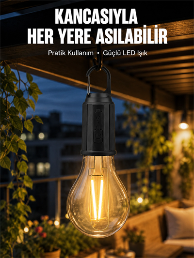 Taşınabilir Şarjlı Led Ampul Askılı Lamba Kamp Bahçe Lambası