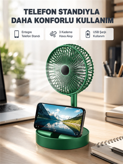 Taşınabilir Şarjlı Mini Fan – Katlanabilir Gövde, 3 Hız Kademesi