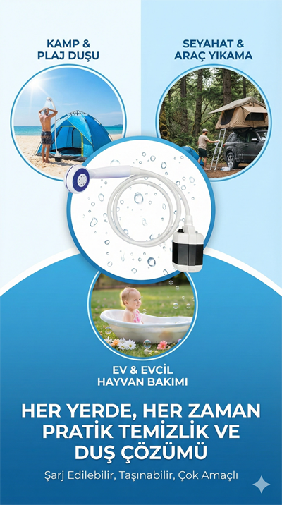 Taşınabilir Şarjlı Seyyar Duş Seti ( Pompa - Hortum - Duş Başlığı )