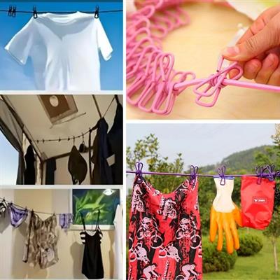 Taşınabilir Seyahat Çamaşır İpi 12 Mandallı Klipsli Lastikli Çamaşır Mandalları (3936)
