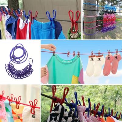 Taşınabilir Seyahat Çamaşır İpi 12 Mandallı Klipsli Lastikli Çamaşır Mandalları (3936)