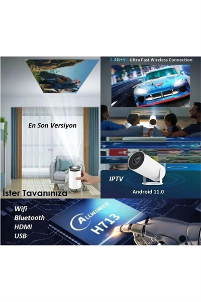 Taşınabilir Sinema Projektörü Pro Telefon Destekli Android 11 Akıllı Projeksiyon