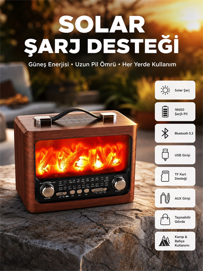 Taşınabilir Şömine Görünümlü Bluetooth Hoparlör – Solar Şarjlı, Alev Işıklı, 7W Ses