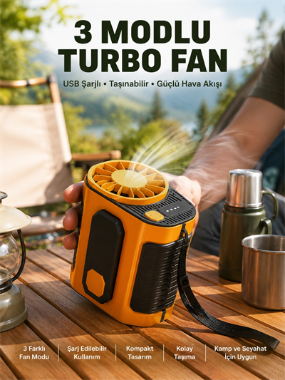 Taşınabilir USB Şarjlı Turbo Fan – 3 Modlu Soğutma, Hafif & Kompakt