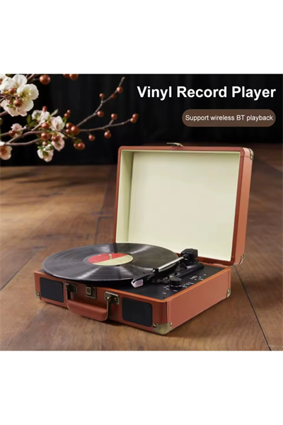 Taşınabilir çantalı retro bluetooth hoparlörlü pikap radyo usb mp3 33/45/78 plak çalar kahverengi