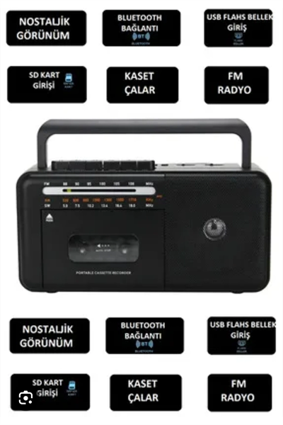 Taşınabilir nostaljik radyo kaset çalar FM radyo USB MP3 çalar Bluetooth hoparlör siyah