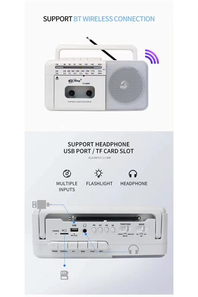 Taşınabilir nostaljik radyo kaset çalar FM radyo USB MP3 player Bluetooth hoparlör beyaz