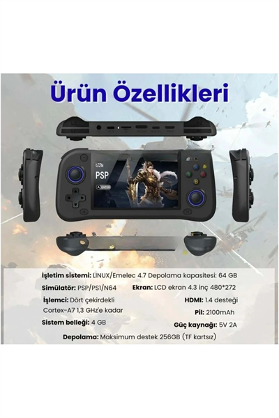 Taşınabilir oyun konsolu 4.3 inç HD ekran siyah 64GB depolama 4GB RAM Bluetooth yok