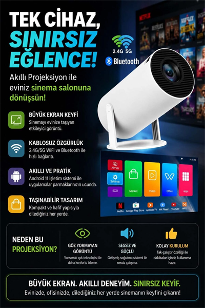 Taşınabilir sinema projektörü Bluetooth Android 11 akıllı projeksiyon wifi beyaz