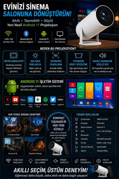 Taşınabilir sinema projektörü Bluetooth Android 11 akıllı projeksiyon wifi beyaz
