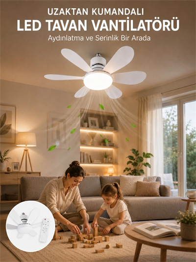 Tavan Vantilatörü Sessiz Motorlu Uzaktan Kumandalı LED Aydınlatma Güçlü Serinletme