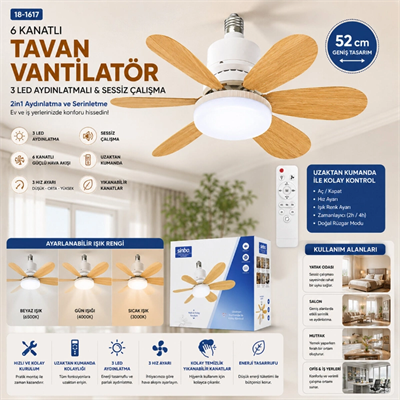 Tavan Vantilatörü ve LED Avize - Uzaktan Kumandalı - 6 Kanatlı - 52 cm