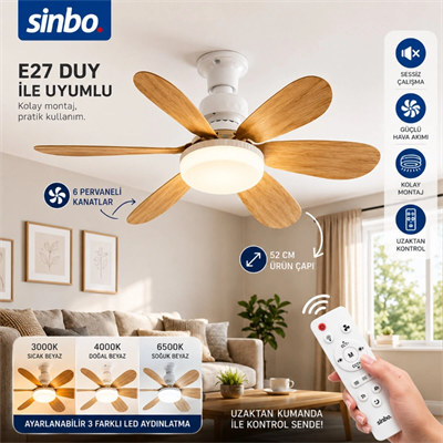 Tavan Vantilatörü ve LED Avize - Uzaktan Kumandalı - 6 Kanatlı - 52 cm