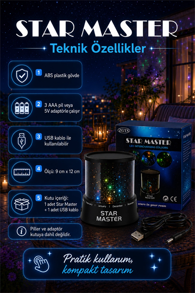 Tavan Ve Duvar Yansıtmalı Renk Değiştiren Yıldız Projektör Gece Lambası