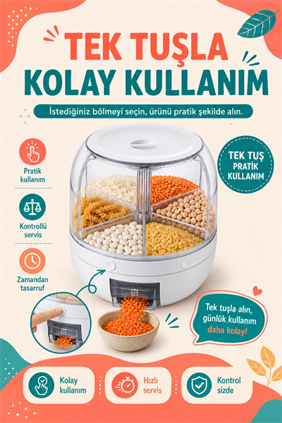 Tek Tuşla Kullanılan Şeffaf Kapaklı Bakliyat Saklama Kabı 6 Bölmeli Döner Hazneli