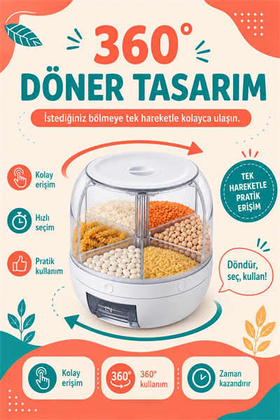 Tek Tuşla Kullanılan Şeffaf Kapaklı Bakliyat Saklama Kabı 6 Bölmeli Döner Hazneli