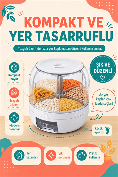 Tek Tuşla Kullanılan Şeffaf Kapaklı Bakliyat Saklama Kabı 6 Bölmeli Döner Hazneli