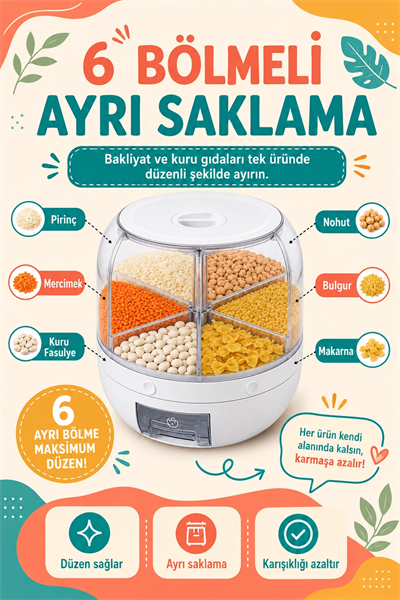 Tek Tuşla Kullanılan Şeffaf Kapaklı Bakliyat Saklama Kabı 6 Bölmeli Döner Hazneli
