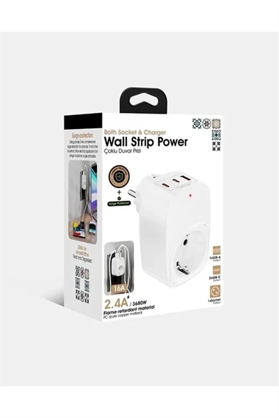 Tekli Yüksek Voltaj Korumalı Duvar Prizi 2x Type-c 1x Usb Çıkışlı Priz Grup Priz Çoğaltıcı Beyaz